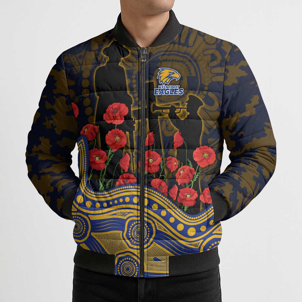 West Coast Eagles ANZAC Day Bomber Puffer Jacket Indigenous Dot Art with Poppy Flower Tribute