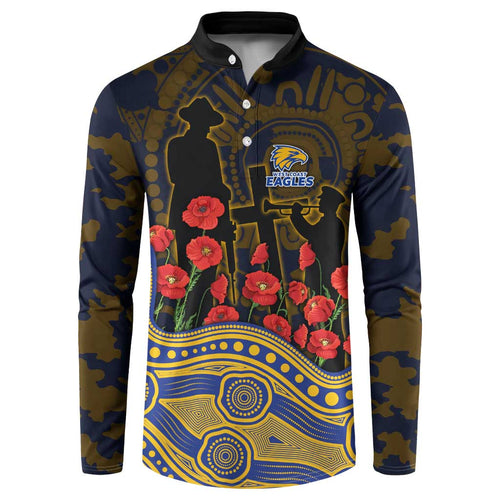 West Coast Eagles ANZAC Day Button Sweatshirt Indigenous Dot Art with Poppy Flower Tribute