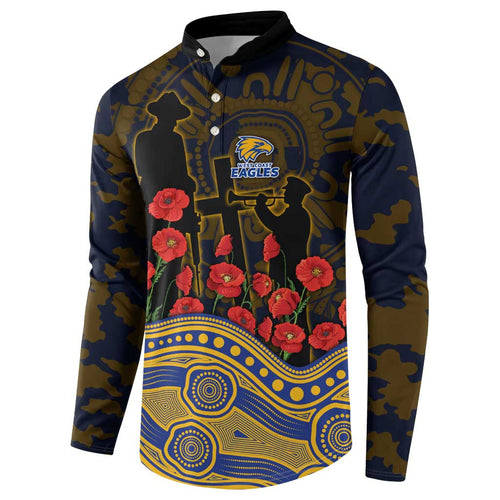 West Coast Eagles ANZAC Day Button Sweatshirt Indigenous Dot Art with Poppy Flower Tribute