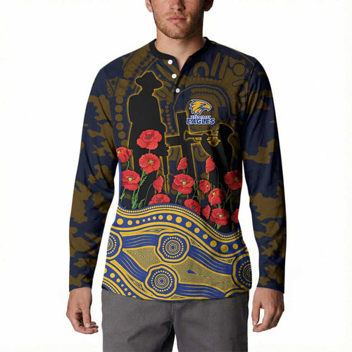 West Coast Eagles ANZAC Day Button Sweatshirt Indigenous Dot Art with Poppy Flower Tribute