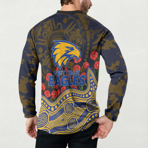 West Coast Eagles ANZAC Day Button Sweatshirt Indigenous Dot Art with Poppy Flower Tribute