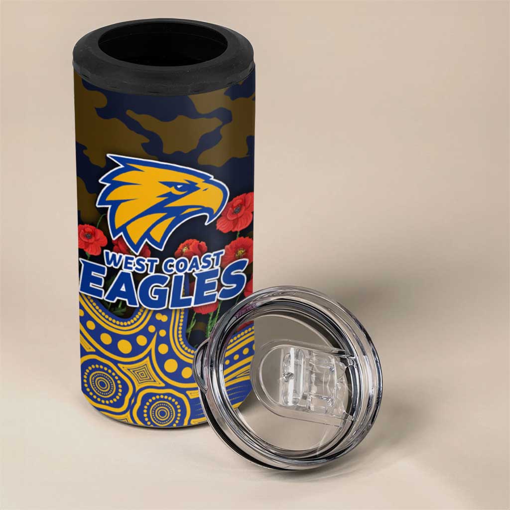 West Coast Eagles ANZAC Day 4 in 1 Can Cooler Tumbler Indigenous Dot Art with Poppy Flower Tribute