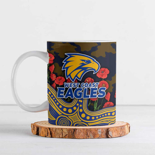 West Coast Eagles ANZAC Day Ceramic Mug Indigenous Dot Art with Poppy Flower Tribute