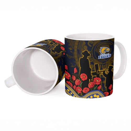 West Coast Eagles ANZAC Day Ceramic Mug Indigenous Dot Art with Poppy Flower Tribute