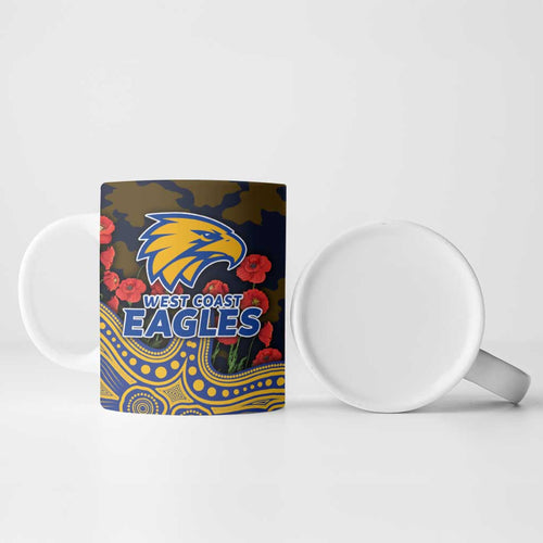 West Coast Eagles ANZAC Day Ceramic Mug Indigenous Dot Art with Poppy Flower Tribute
