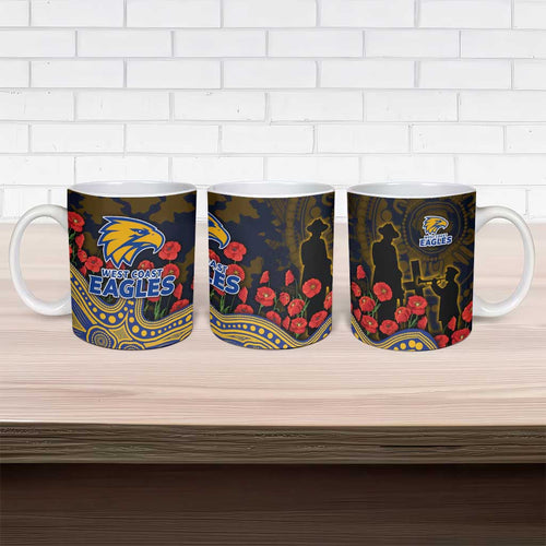 West Coast Eagles ANZAC Day Ceramic Mug Indigenous Dot Art with Poppy Flower Tribute