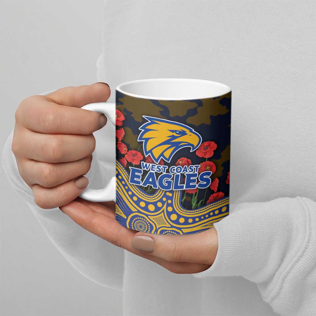 West Coast Eagles ANZAC Day Ceramic Mug Indigenous Dot Art with Poppy Flower Tribute