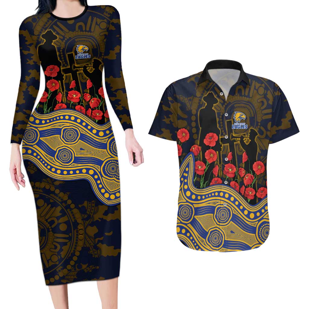 West Coast Eagles ANZAC Day Couples Matching Long Sleeve Bodycon Dress and Hawaiian Shirt Indigenous Dot Art with Poppy Flower Tribute