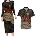 West Coast Eagles ANZAC Day Couples Matching Long Sleeve Bodycon Dress and Hawaiian Shirt Indigenous Dot Art with Poppy Flower Tribute