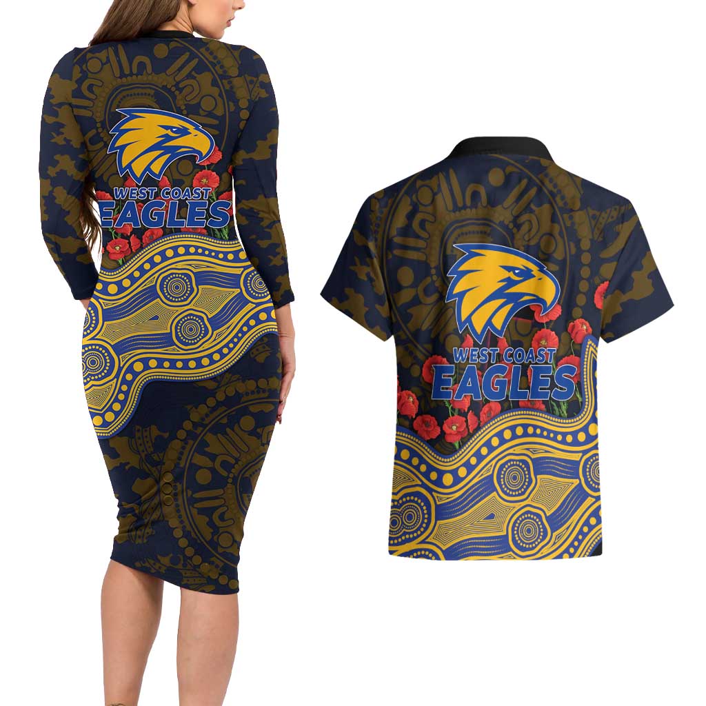 West Coast Eagles ANZAC Day Couples Matching Long Sleeve Bodycon Dress and Hawaiian Shirt Indigenous Dot Art with Poppy Flower Tribute