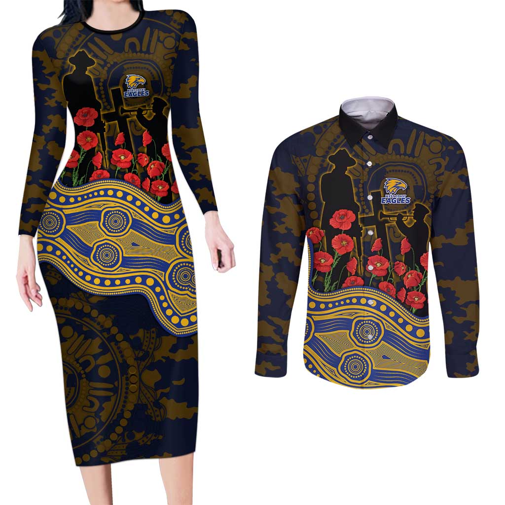 West Coast Eagles ANZAC Day Couples Matching Long Sleeve Bodycon Dress and Long Sleeve Button Shirt Indigenous Dot Art with Poppy Flower Tribute