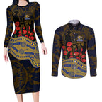 West Coast Eagles ANZAC Day Couples Matching Long Sleeve Bodycon Dress and Long Sleeve Button Shirt Indigenous Dot Art with Poppy Flower Tribute