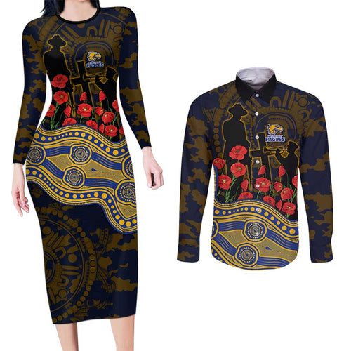 West Coast Eagles ANZAC Day Couples Matching Long Sleeve Bodycon Dress and Long Sleeve Button Shirt Indigenous Dot Art with Poppy Flower Tribute