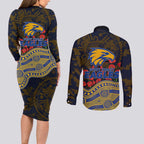 West Coast Eagles ANZAC Day Couples Matching Long Sleeve Bodycon Dress and Long Sleeve Button Shirt Indigenous Dot Art with Poppy Flower Tribute