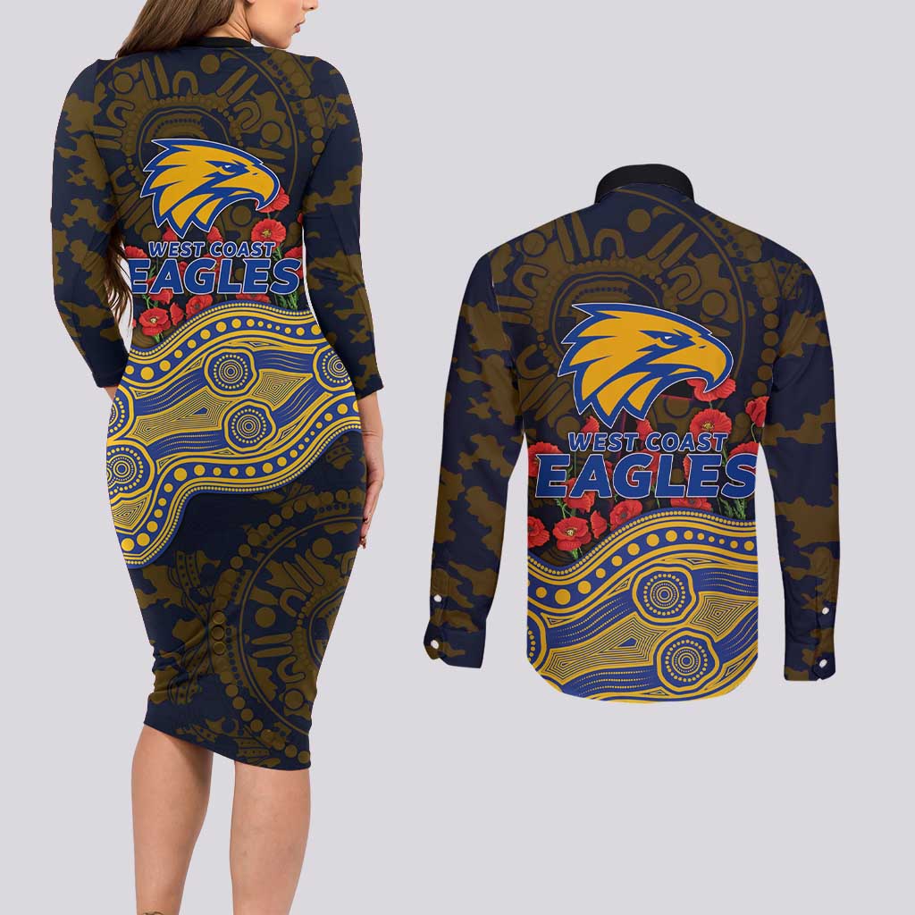 West Coast Eagles ANZAC Day Couples Matching Long Sleeve Bodycon Dress and Long Sleeve Button Shirt Indigenous Dot Art with Poppy Flower Tribute