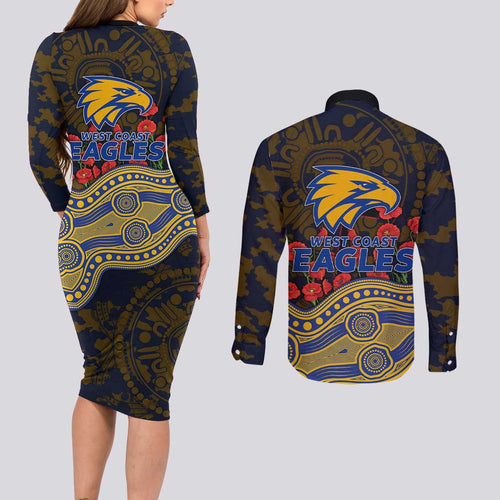 West Coast Eagles ANZAC Day Couples Matching Long Sleeve Bodycon Dress and Long Sleeve Button Shirt Indigenous Dot Art with Poppy Flower Tribute
