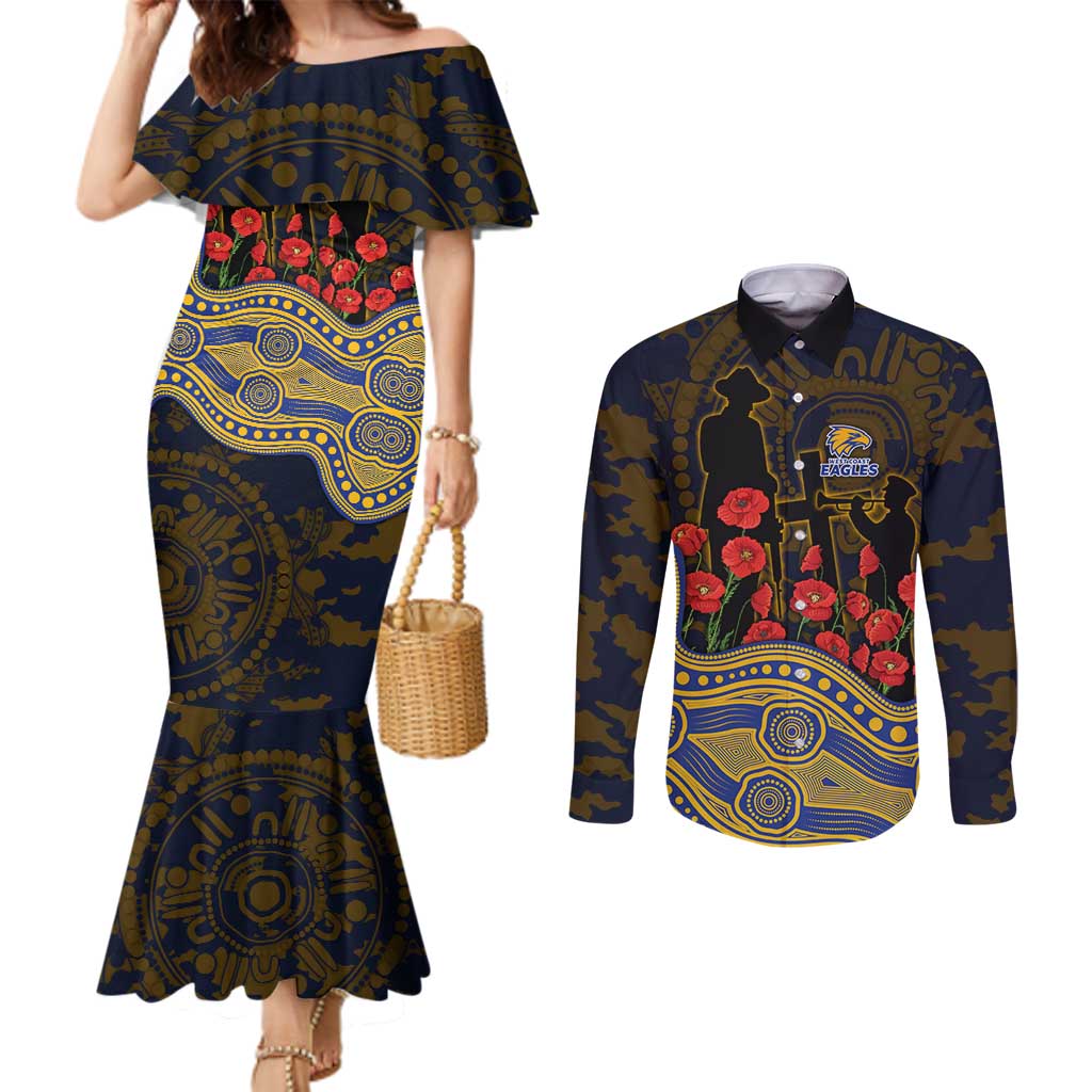 West Coast Eagles ANZAC Day Couples Matching Mermaid Dress and Long Sleeve Button Shirt Indigenous Dot Art with Poppy Flower Tribute