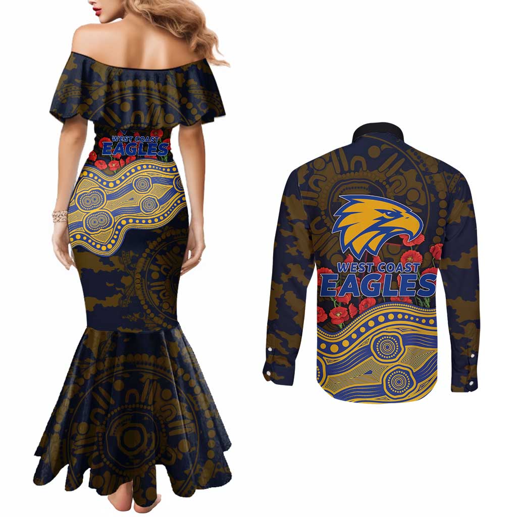 West Coast Eagles ANZAC Day Couples Matching Mermaid Dress and Long Sleeve Button Shirt Indigenous Dot Art with Poppy Flower Tribute