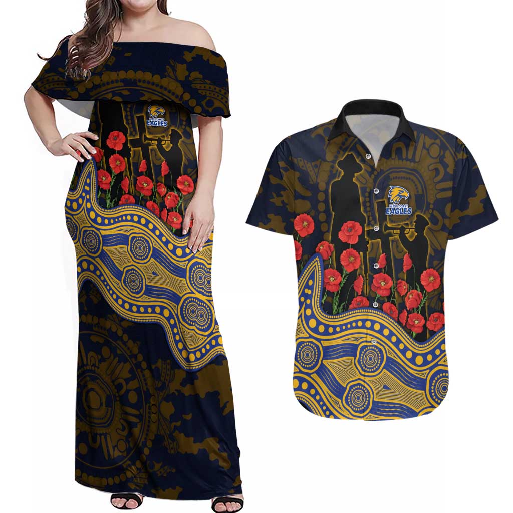West Coast Eagles ANZAC Day Couples Matching Off Shoulder Maxi Dress and Hawaiian Shirt Indigenous Dot Art with Poppy Flower Tribute