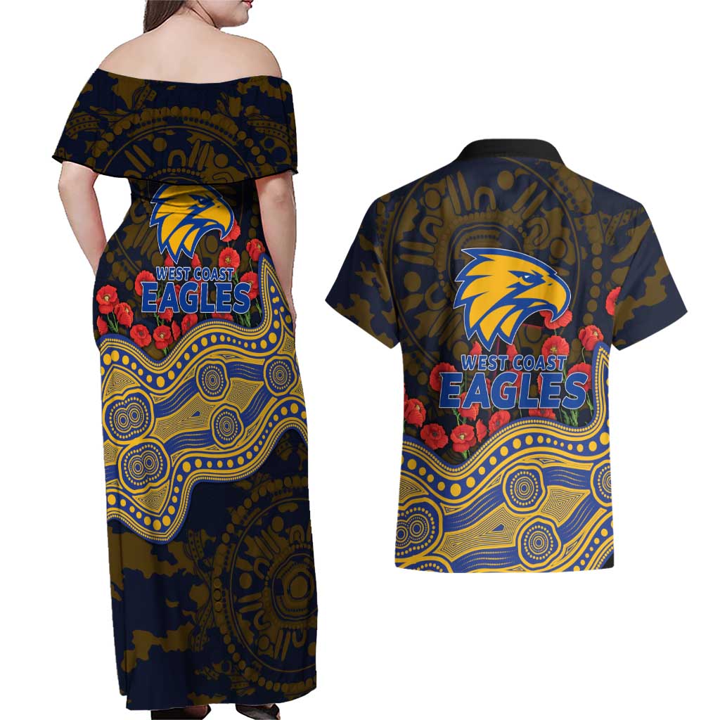 West Coast Eagles ANZAC Day Couples Matching Off Shoulder Maxi Dress and Hawaiian Shirt Indigenous Dot Art with Poppy Flower Tribute