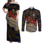 West Coast Eagles ANZAC Day Couples Matching Off Shoulder Maxi Dress and Long Sleeve Button Shirt Indigenous Dot Art with Poppy Flower Tribute