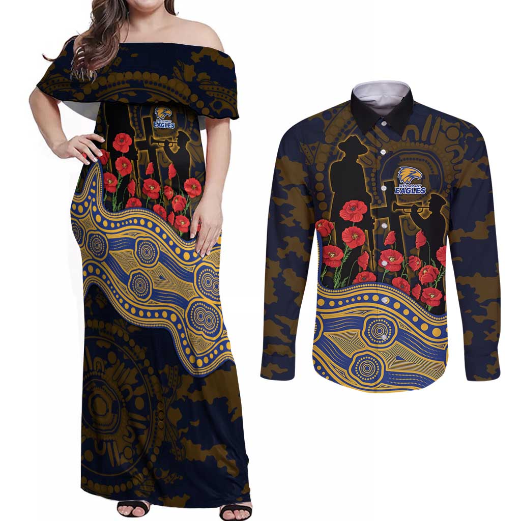 West Coast Eagles ANZAC Day Couples Matching Off Shoulder Maxi Dress and Long Sleeve Button Shirt Indigenous Dot Art with Poppy Flower Tribute