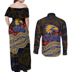 West Coast Eagles ANZAC Day Couples Matching Off Shoulder Maxi Dress and Long Sleeve Button Shirt Indigenous Dot Art with Poppy Flower Tribute