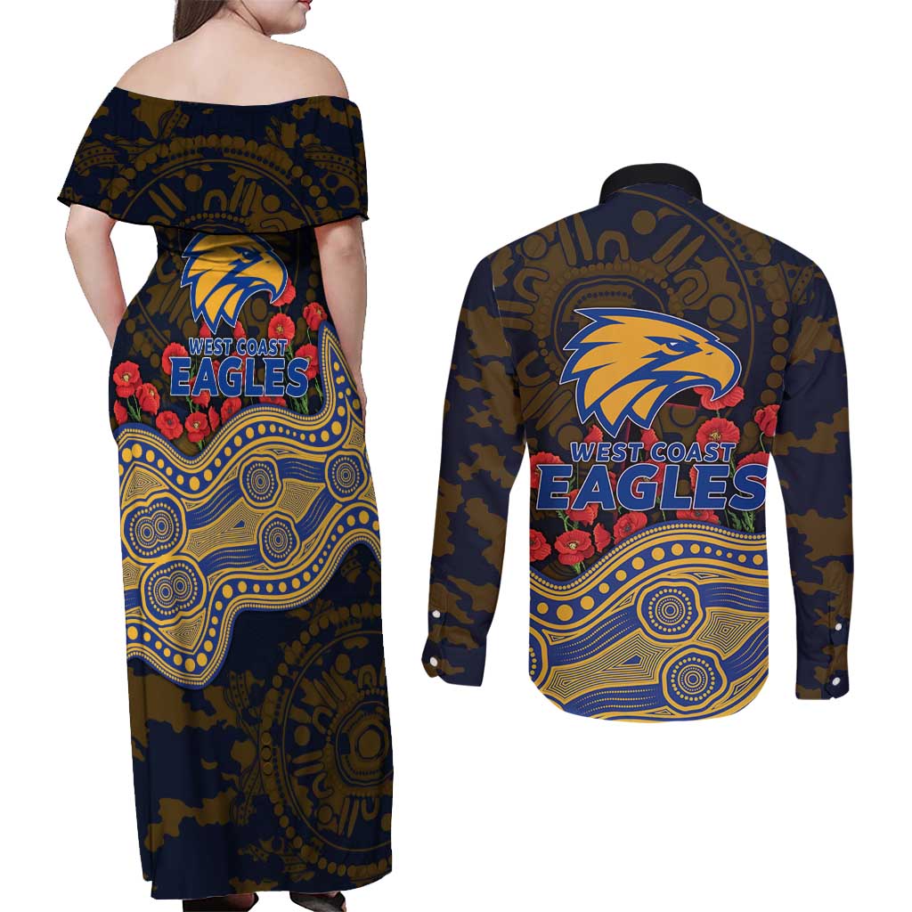 West Coast Eagles ANZAC Day Couples Matching Off Shoulder Maxi Dress and Long Sleeve Button Shirt Indigenous Dot Art with Poppy Flower Tribute