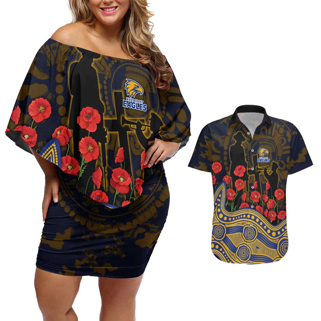 West Coast Eagles ANZAC Day Couples Matching Off Shoulder Short Dress and Hawaiian Shirt Indigenous Dot Art with Poppy Flower Tribute