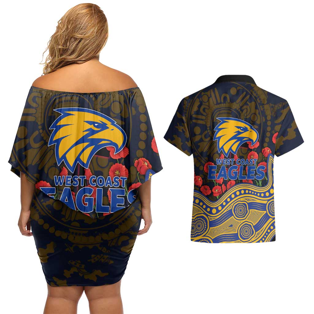 West Coast Eagles ANZAC Day Couples Matching Off Shoulder Short Dress and Hawaiian Shirt Indigenous Dot Art with Poppy Flower Tribute