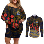 West Coast Eagles ANZAC Day Couples Matching Off Shoulder Short Dress and Long Sleeve Button Shirt Indigenous Dot Art with Poppy Flower Tribute