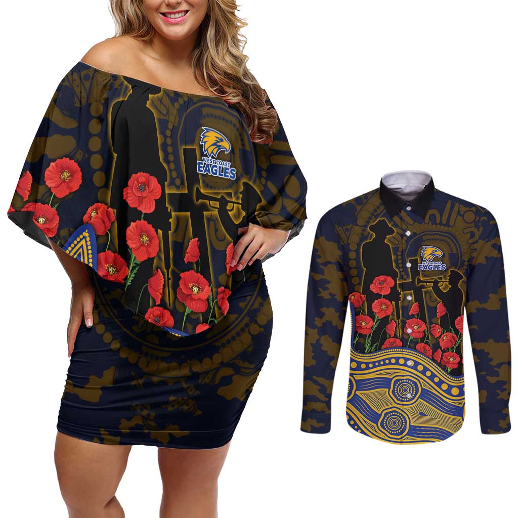 West Coast Eagles ANZAC Day Couples Matching Off Shoulder Short Dress and Long Sleeve Button Shirt Indigenous Dot Art with Poppy Flower Tribute