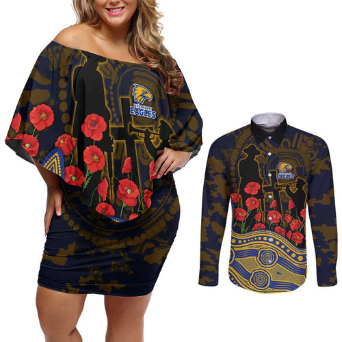 West Coast Eagles ANZAC Day Couples Matching Off Shoulder Short Dress and Long Sleeve Button Shirt Indigenous Dot Art with Poppy Flower Tribute