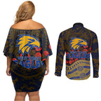 West Coast Eagles ANZAC Day Couples Matching Off Shoulder Short Dress and Long Sleeve Button Shirt Indigenous Dot Art with Poppy Flower Tribute