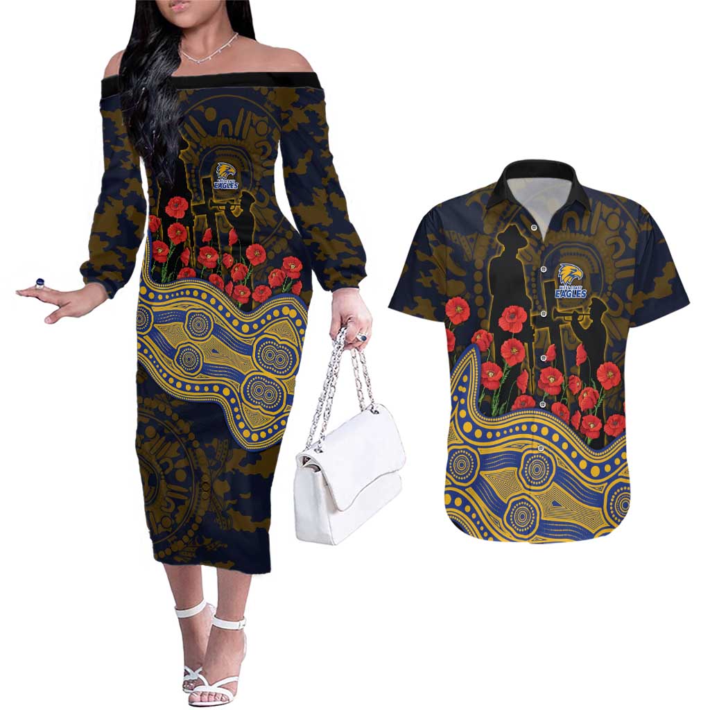 West Coast Eagles ANZAC Day Couples Matching Off The Shoulder Long Sleeve Dress and Hawaiian Shirt Indigenous Dot Art with Poppy Flower Tribute