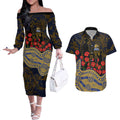 West Coast Eagles ANZAC Day Couples Matching Off The Shoulder Long Sleeve Dress and Hawaiian Shirt Indigenous Dot Art with Poppy Flower Tribute