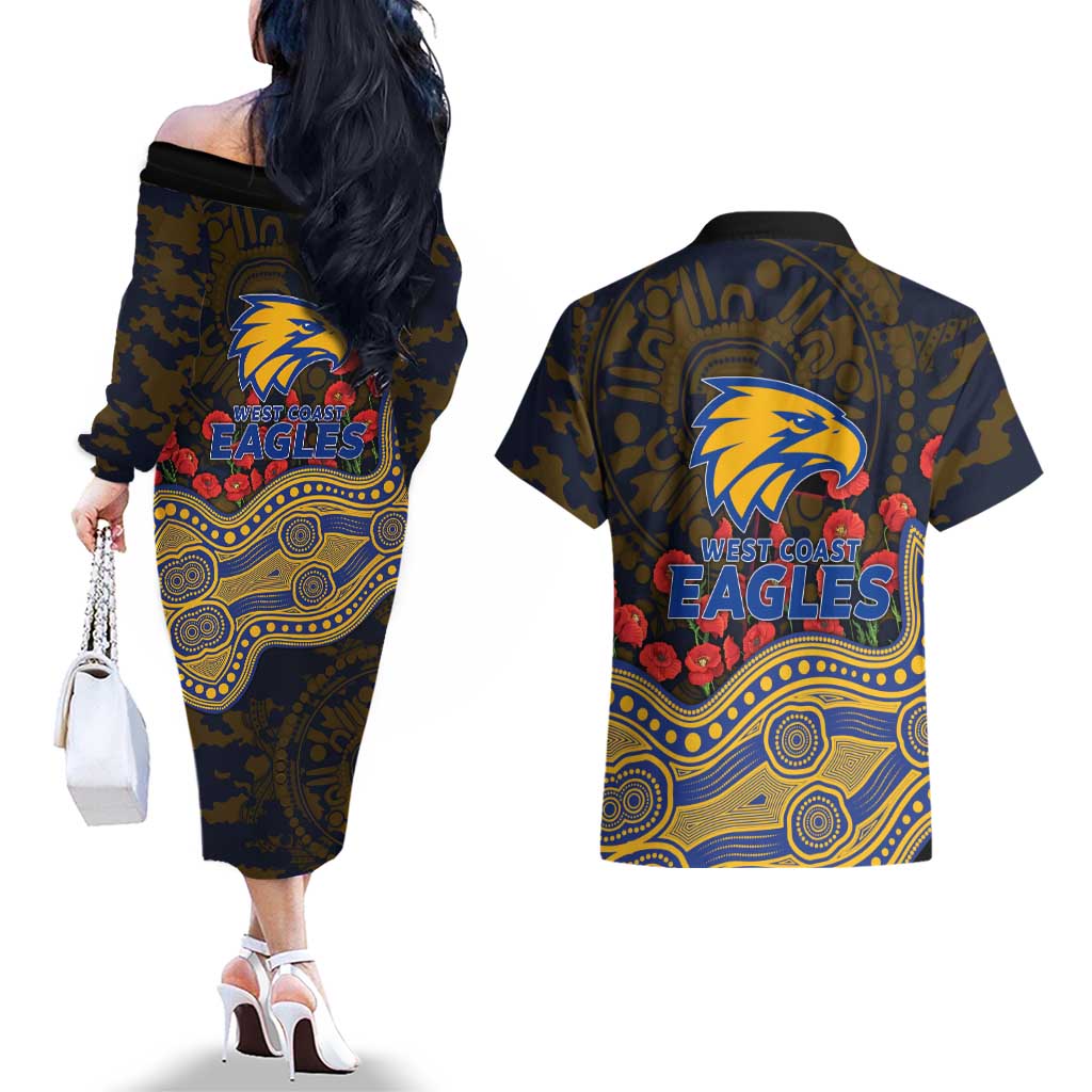 West Coast Eagles ANZAC Day Couples Matching Off The Shoulder Long Sleeve Dress and Hawaiian Shirt Indigenous Dot Art with Poppy Flower Tribute