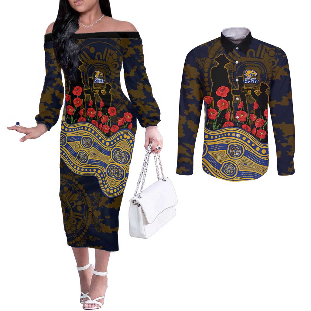 West Coast Eagles ANZAC Day Couples Matching Off The Shoulder Long Sleeve Dress and Long Sleeve Button Shirt Indigenous Dot Art with Poppy Flower Tribute