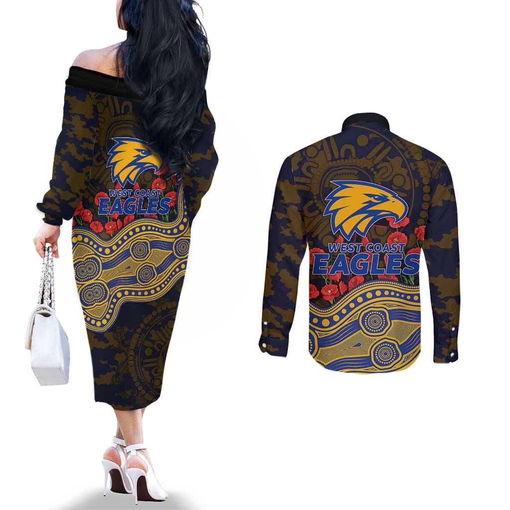 West Coast Eagles ANZAC Day Couples Matching Off The Shoulder Long Sleeve Dress and Long Sleeve Button Shirt Indigenous Dot Art with Poppy Flower Tribute