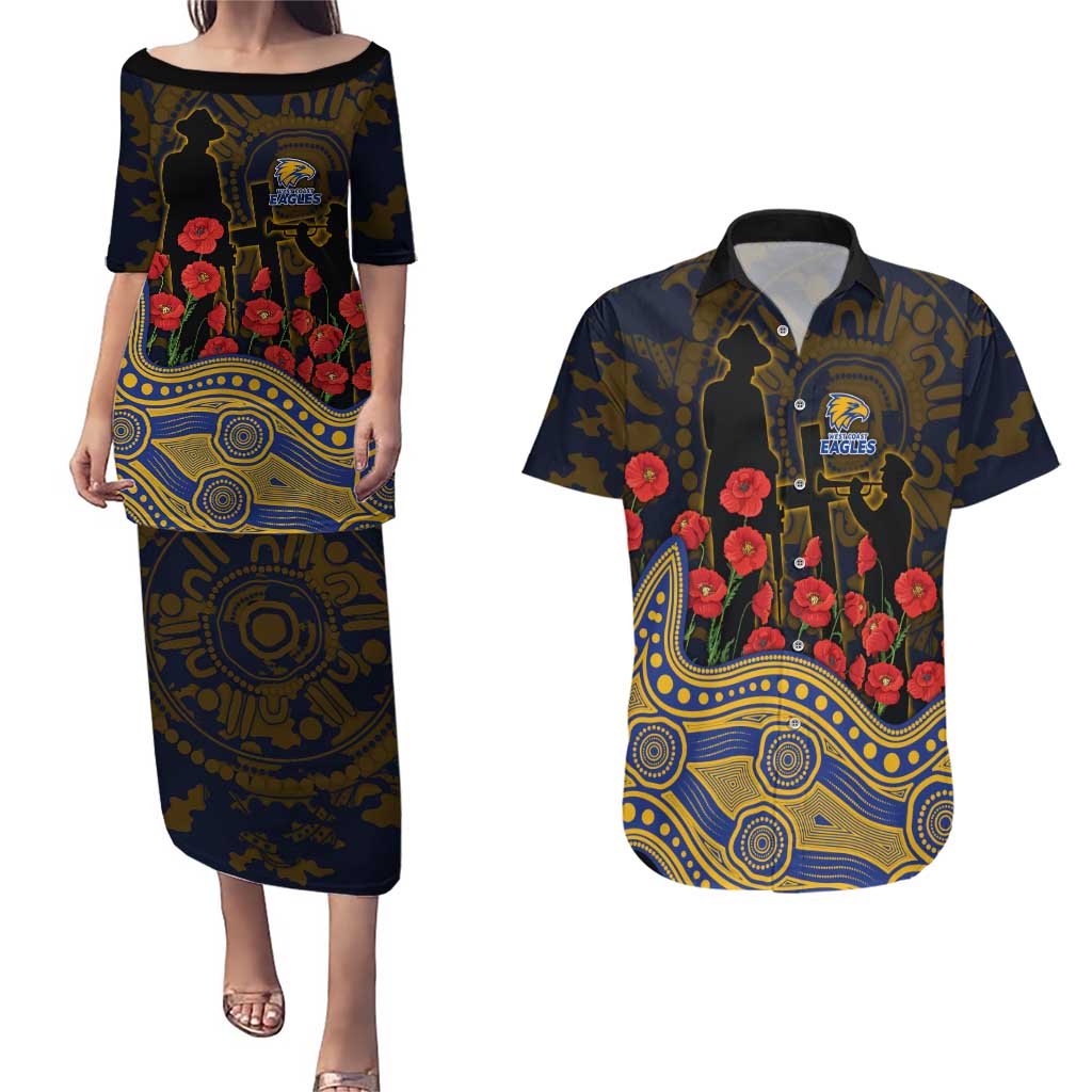 West Coast Eagles ANZAC Day Couples Matching Puletasi and Hawaiian Shirt Indigenous Dot Art with Poppy Flower Tribute