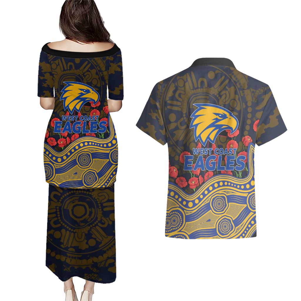 West Coast Eagles ANZAC Day Couples Matching Puletasi and Hawaiian Shirt Indigenous Dot Art with Poppy Flower Tribute