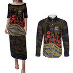 West Coast Eagles ANZAC Day Couples Matching Puletasi and Long Sleeve Button Shirt Indigenous Dot Art with Poppy Flower Tribute