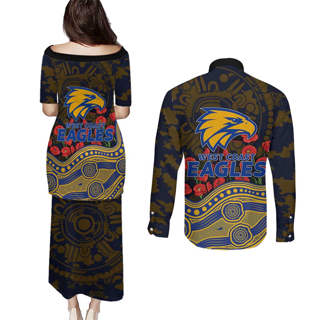 West Coast Eagles ANZAC Day Couples Matching Puletasi and Long Sleeve Button Shirt Indigenous Dot Art with Poppy Flower Tribute