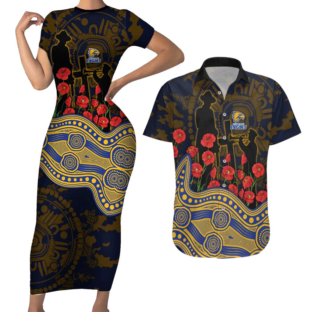 West Coast Eagles ANZAC Day Couples Matching Short Sleeve Bodycon Dress and Hawaiian Shirt Indigenous Dot Art with Poppy Flower Tribute