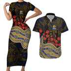 West Coast Eagles ANZAC Day Couples Matching Short Sleeve Bodycon Dress and Hawaiian Shirt Indigenous Dot Art with Poppy Flower Tribute