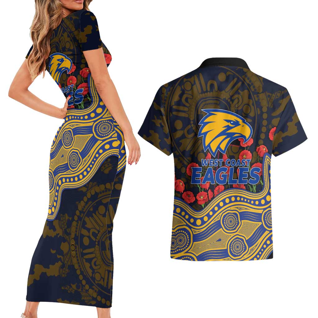 West Coast Eagles ANZAC Day Couples Matching Short Sleeve Bodycon Dress and Hawaiian Shirt Indigenous Dot Art with Poppy Flower Tribute
