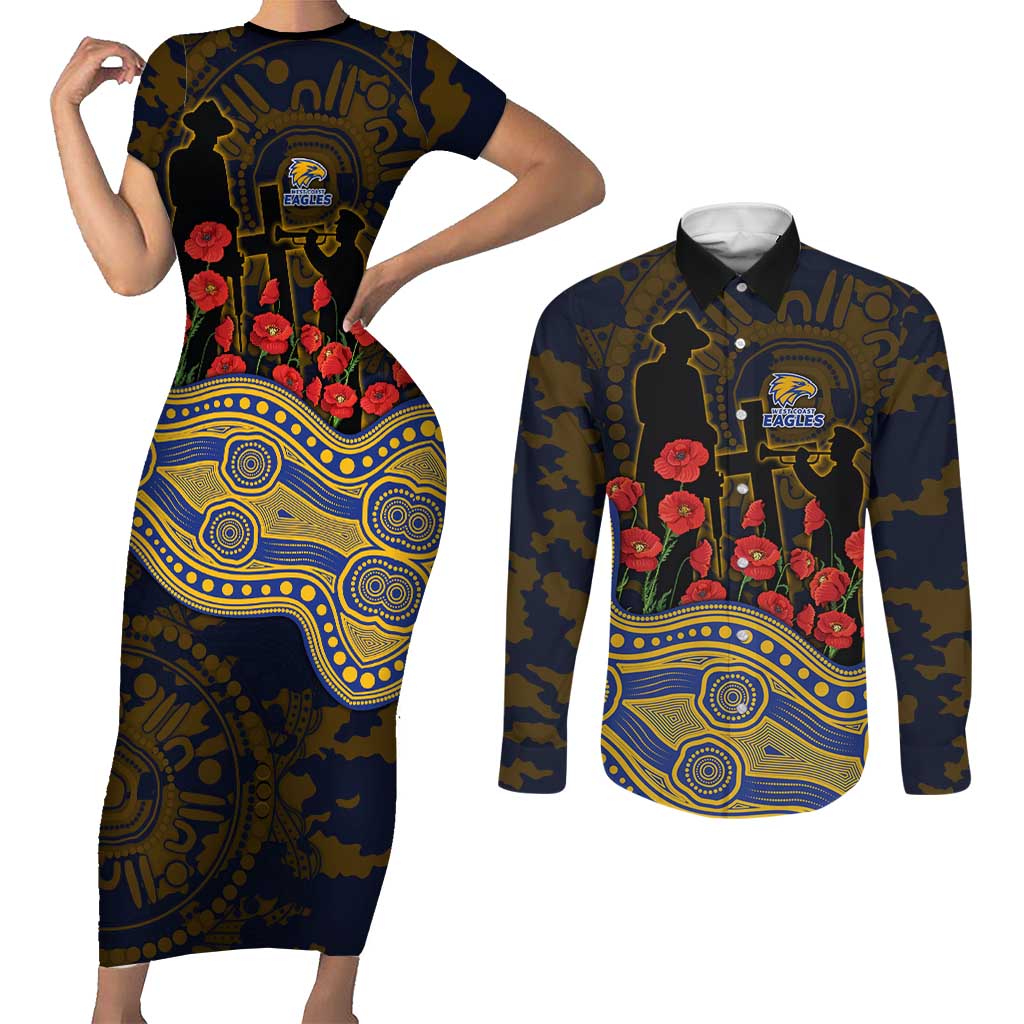 West Coast Eagles ANZAC Day Couples Matching Short Sleeve Bodycon Dress and Long Sleeve Button Shirt Indigenous Dot Art with Poppy Flower Tribute