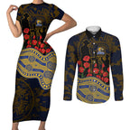 West Coast Eagles ANZAC Day Couples Matching Short Sleeve Bodycon Dress and Long Sleeve Button Shirt Indigenous Dot Art with Poppy Flower Tribute