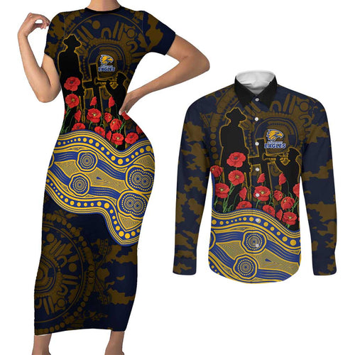 West Coast Eagles ANZAC Day Couples Matching Short Sleeve Bodycon Dress and Long Sleeve Button Shirt Indigenous Dot Art with Poppy Flower Tribute