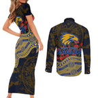 West Coast Eagles ANZAC Day Couples Matching Short Sleeve Bodycon Dress and Long Sleeve Button Shirt Indigenous Dot Art with Poppy Flower Tribute